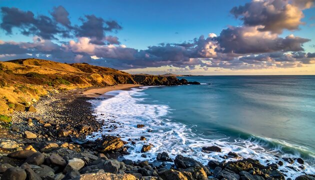 Coastal landscape featuring a rocky shoreline, sandy beach, and turquoise water under a dramatic, cloud-filled sky at golden hour