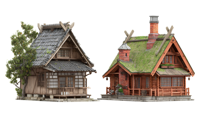 Pair of Traditional House Models, isolated on transparent background