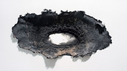 An irregular oval shaped artwork resembling a natural phenomenon slice, possibly a tree cross section or volcanic core,