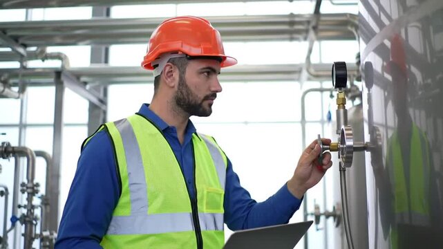 Industrial Engineer in Safety Vest Checking Valve at Manufacturing Plant
