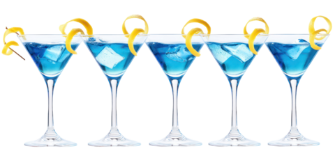 Five blue cocktails garnished with lemon twists on black background