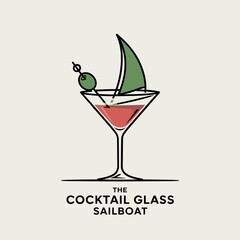 Cocktail glass sailboat logo, olive as sun, creative nautical drink concept, beach bar branding, relaxed summer vector