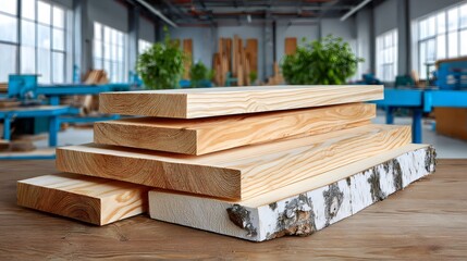 Wood planks and birch timber in carpentry workshop
