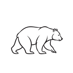 Minimalist line art illustration of a bear walking on all fours, side profile view. Clean black outline on white background, stylized and modern design.