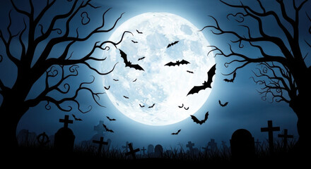Spooky halloween night with a full moon, bats flying over a graveyard with bare trees and tombstones