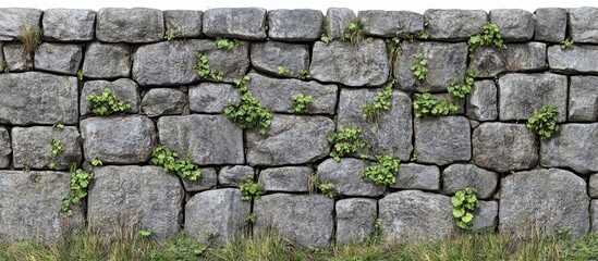Fototapeta premium Stone block wall with climbing green ivy, grass at base