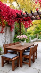 Obraz premium Autumn patio with red ivy pergola and garden furniture