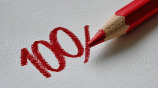 The bold red phrase 100 percent with a pencil beside it on a white surface symbolizes achievement success completion and