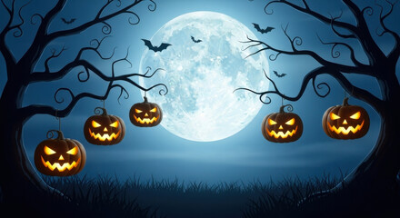 Jackolanterns hang from spooky tree branches in front of a large full moon on a dark halloween night