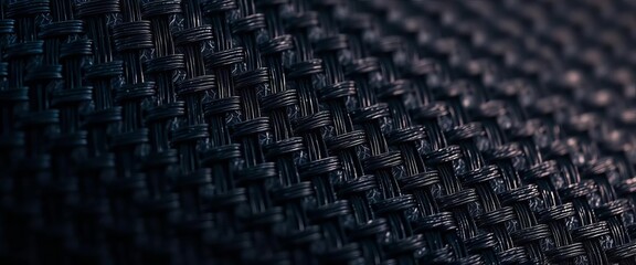 Intricate weave of black carbon fiber showing texture and sheen, fabric, details