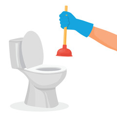 A plumber hand uses plunger to unclog a toilet bowl