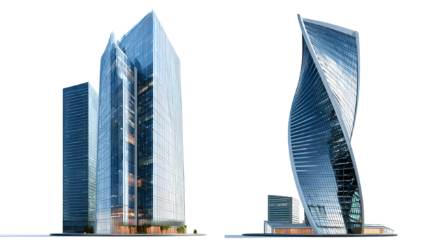 Two Modern Skyscraper Models, isolated on transparent background