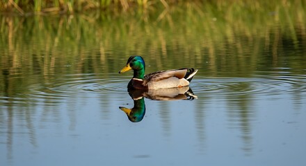 Mallard duck swimming gracefully in a calm pond on a sunny day reflecting perfectly in the water