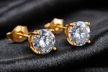 Golden earrings with big clear diamonds resting on black silk cloth