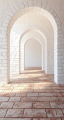 Naklejka premium Arched, bricked hallway; sunlit floor, white walls/arches