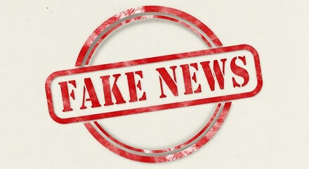 Red stamped text highlighting the spread of misinformation on fake news