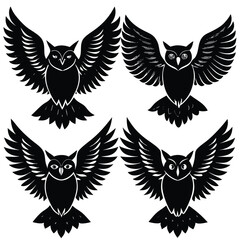 Four stylized black owls with wings spread out vector illustration icon set isolated on white background