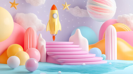 A creative education-themed illustration - an imaginative nursery scene with a cute child exploring space, featuring a rocket, Saturn, stars, pastel colors, water, sky, hills, stairs.