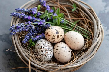 Obraz premium Speckled eggs in rustic nest with lavender flowers