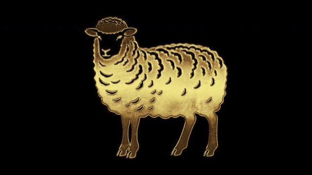 Sheep with slightly reflected outlines on a gold foil-like surface, loop, alpha channel

