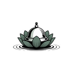 lotus platter with cloche, serene water ripple base, elegant dining spa fusion, tranquil culinary identity, premium vector