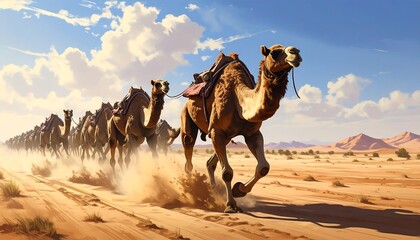 Fototapeta premium A caravan of camels running across a desert