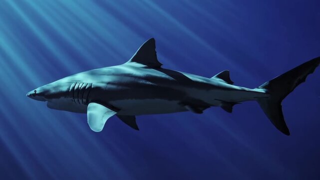 A realistic great white shark glides through deep blue ocean waters with sun rays piercing from above in a seamless loop. Ideal for marine documentaries, ocean backgrounds, thriller intros, and underw
