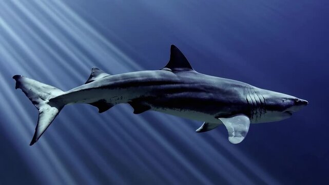 A realistic great white shark glides through deep blue ocean waters with sun rays piercing from above in a seamless loop. Ideal for marine documentaries, ocean backgrounds, thriller intros, and underw