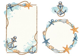 Watercolor nautical themed frames featuring anchors starfish shells and rope for marine designs © Tri