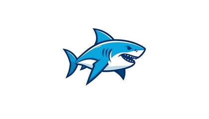 Cartoon shark illustration in shades of blue, with sharp teeth, fins, and a stern look. Set against a plain white background