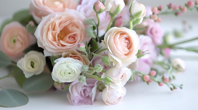 Pastel pink peach rose ranunculus flowers bouquet