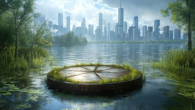 City skyline view over a lake with platform - Powered by Adobe