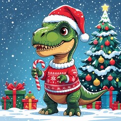 Cute dinosaur wearing a santa hat celebrating christmas with gifts and candy