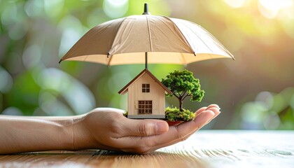 Miniature House Held Under Beige Umbrella on Hand with Lush Green Background for Property Protection