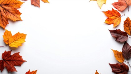 Overhead shot of autumn leaves forming a frame on white background, copy space