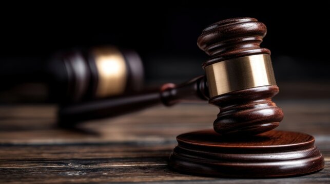 Two wooden gavels on a dark wooden surface, one in focus vertically placed on a circular base,