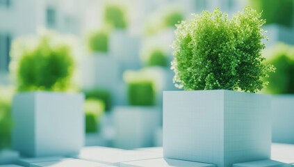 Modern rooftop garden, green shrubs in white cubes, bright