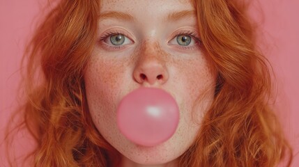 Young girl with red hair blowing pink bubble gum