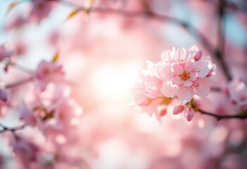 Naklejka premium Soft focus, pastel cherry blossoms, gentle breeze, ethereal glow, gentle, scene