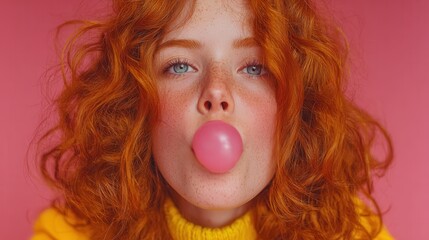 Young girl with red hair blowing pink bubble gum
