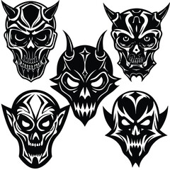 Gothic skulls and demons vector art set scalable illustration for design projects isolated on white background