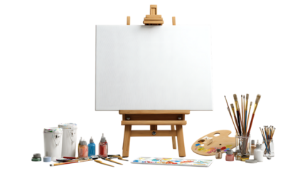 Artistic setup with easel, canvas, paints, and brushes isolated on transparent background