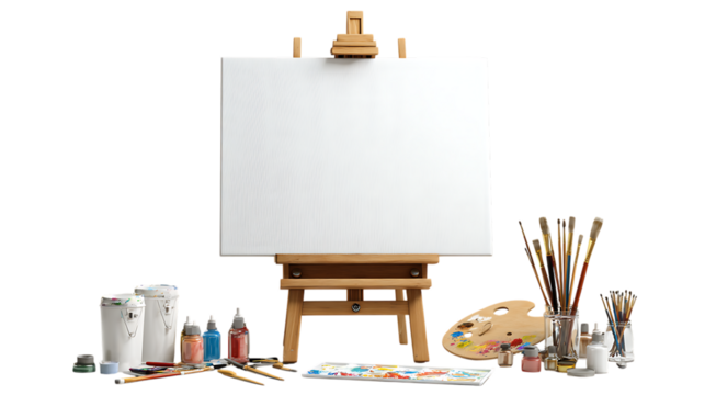 Artistic setup with easel, canvas, paints, and brushes isolated on transparent background - Powered by Adobe