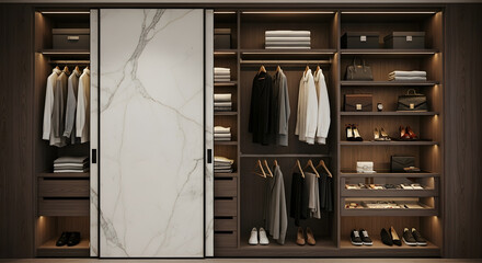 A modern and luxurious walk-in closet with dark wood shelving, integrated lighting, and a stylish marble-patterned sliding door.