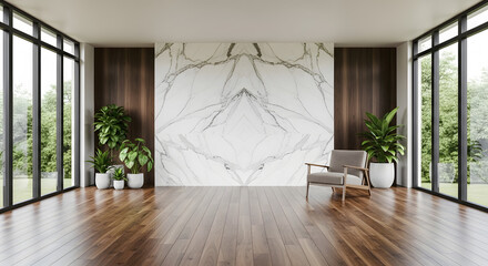 Spacious modern living room with large windows, marble accent wall, wooden floors, and minimalist furniture.
