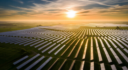 Aerial view of a vast solar panel farm at sunrise, with the sun low on the horizon casting a golden glow over the landscape and reflecting off the photovoltaic arrays.