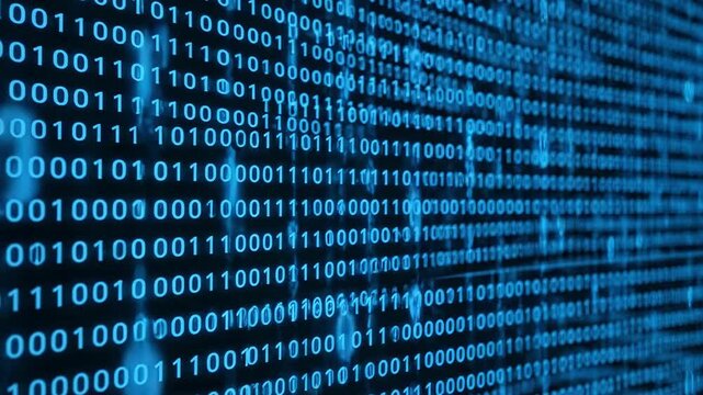 Digital binary code background, glowing blue data stream on black screen, abstract computer programming and cybersecurity concept video