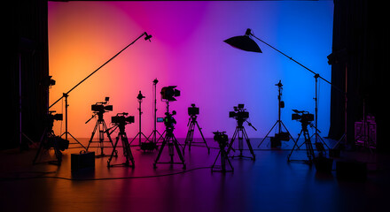 Professional video production studio with multiple cameras and lighting equipment silhouetted against a colorful backdrop.