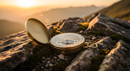 A vintage golden compass rests on a mossy rock in the mountains during a beautiful sunrise, symbolizing direction and adventure.