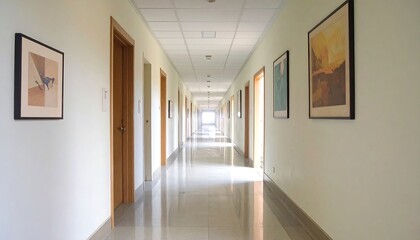 Obraz premium Long Hallway with Doors and Artwork.